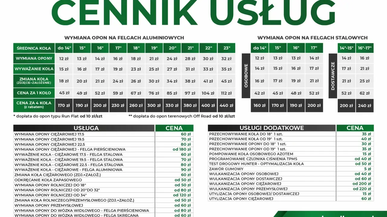 Cennik usług: ile kosztuje wymiana opon na felgach aluminiowych i stalowych, wyważanie kół, usługi dodatkowe.