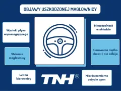 Objawy uszkodzonej maglownicy: wycieki płynu, stukanie, luz na kierownicy, nieszczelność, ciężko chodząca kierownica, nierównomierne zużycie opon.