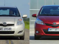 Dwa modele Toyoty Yaris, jeden srebrny, drugi czerwony. Zastanawiasz się nad pojemnością baku w Yarisie 1.3?