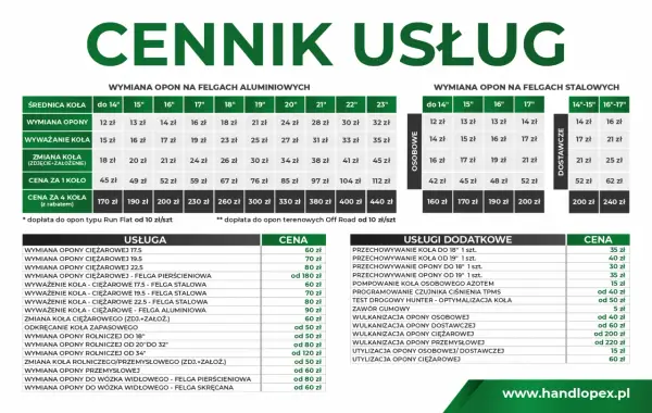 Cennik usług: ile kosztuje wymiana opon na felgach aluminiowych i stalowych, wyważanie kół, usługi dodatkowe.